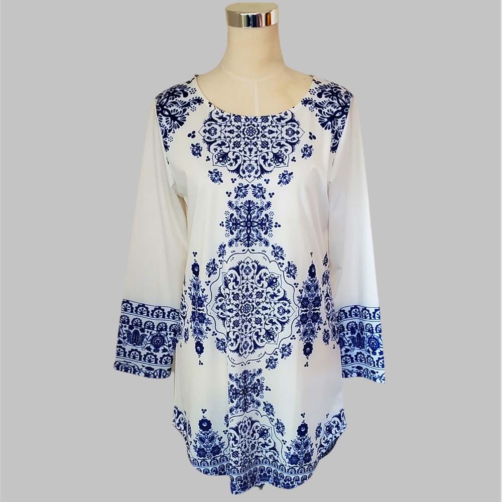 floral detailed White/blue long sleeves tunic dress Size S - Picture 1 of 4